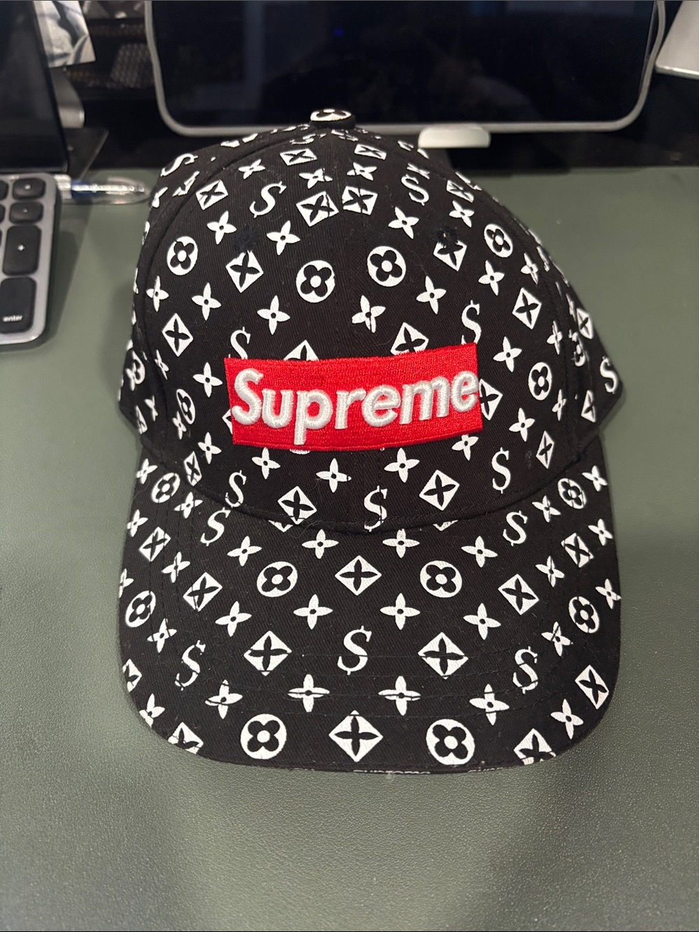 Supreme Black Cap with White Monogram and Red Logo